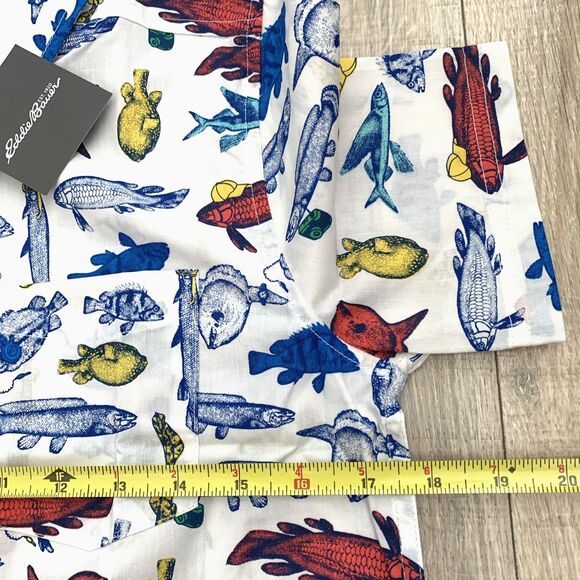 Eddie Bauer Short Sleeve Button Up Fish Pattern Shirt White Blue Boy's M 10-12 - Picture 6 of 6